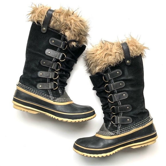 Sorel Joan of Arctic Black Suede Winter Boots Faux Fur Trim Tall Lace Up Boot - Picture 1 of 11